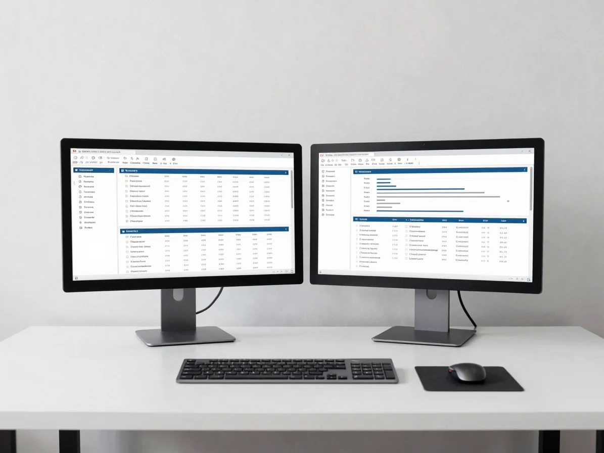 Minimalist office workspace with dual monitor setup showing clean